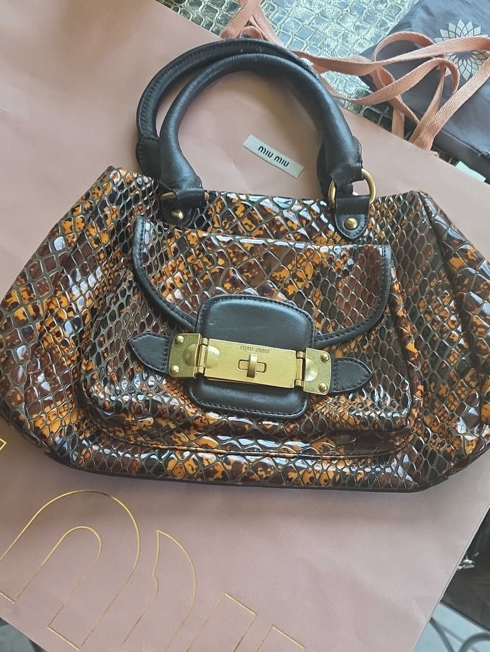 Miu Miu Brown and Tan Snakeskin-Effect Tote with Gold Hardware